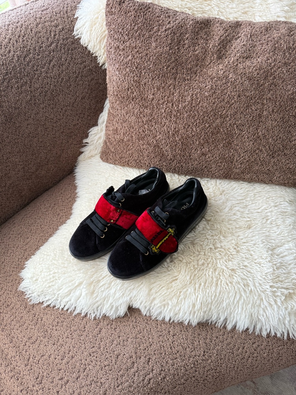 Prada Black Velvet Grip-Strap Low Top Sneakers